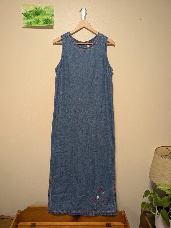 Live a Little Dresses & Skirts - Live a Little Size S Denim Maxi Dress Floral Embroidered 90s Cottagecore